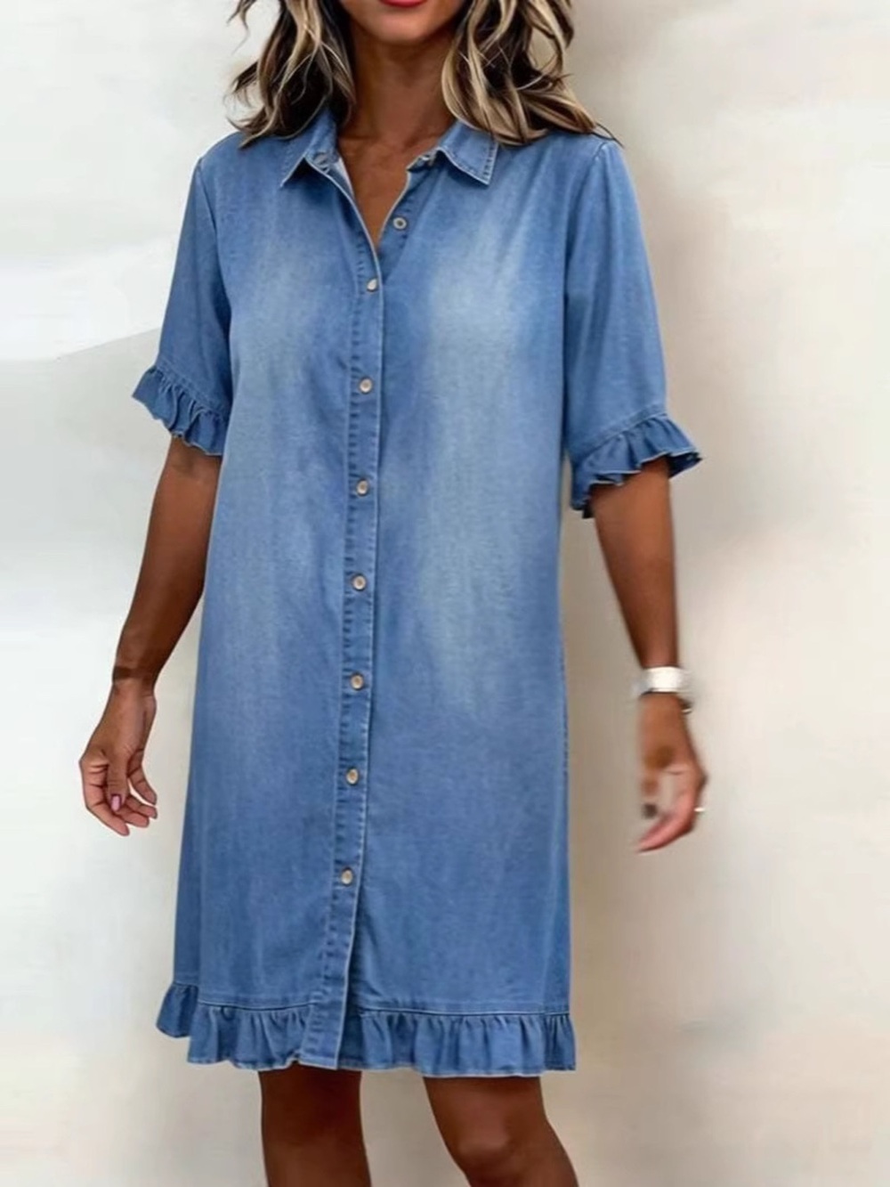 Full Size Ruffled Hem Denim Shirt Dress Plus Size